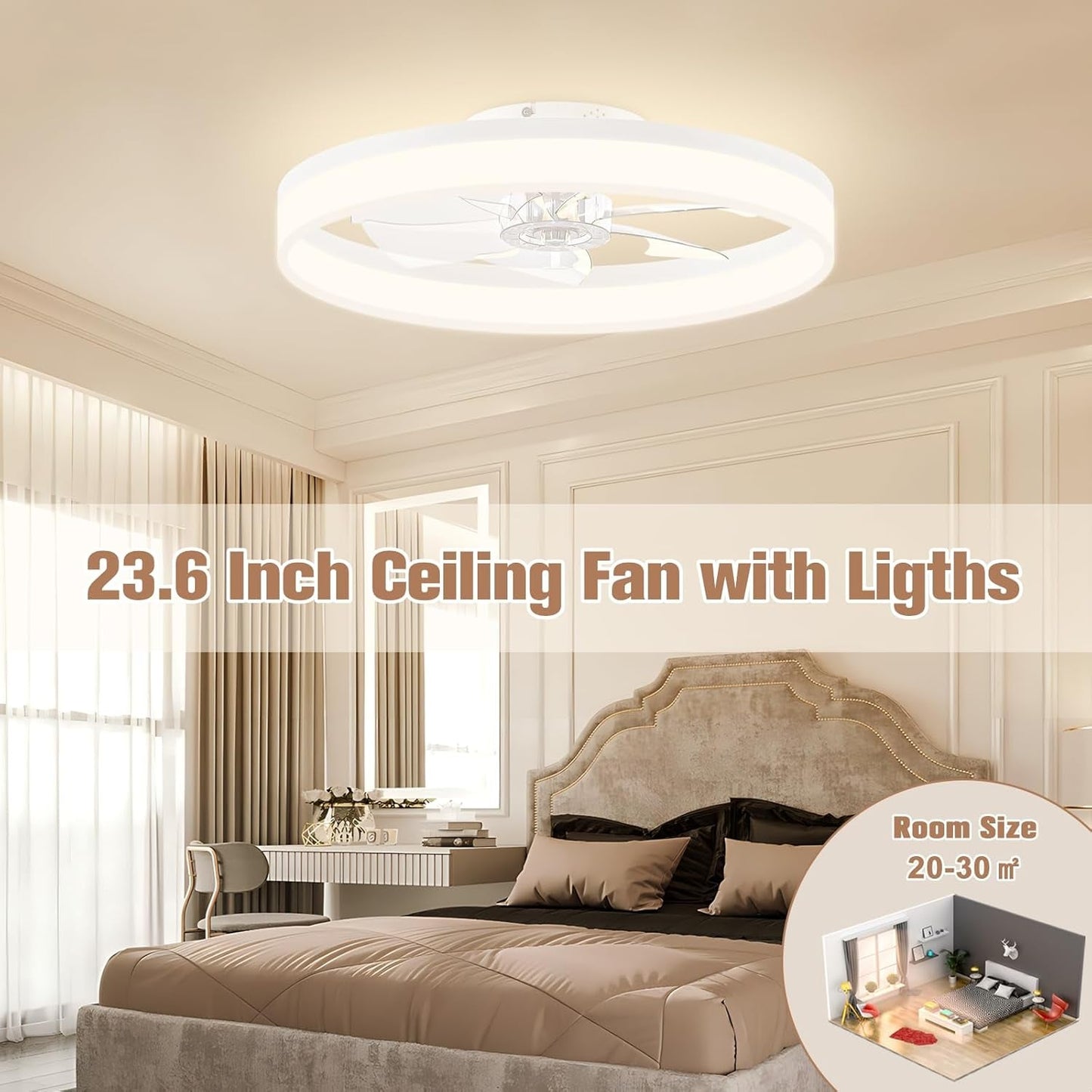 23.6" White Low Profile LED Fan Light