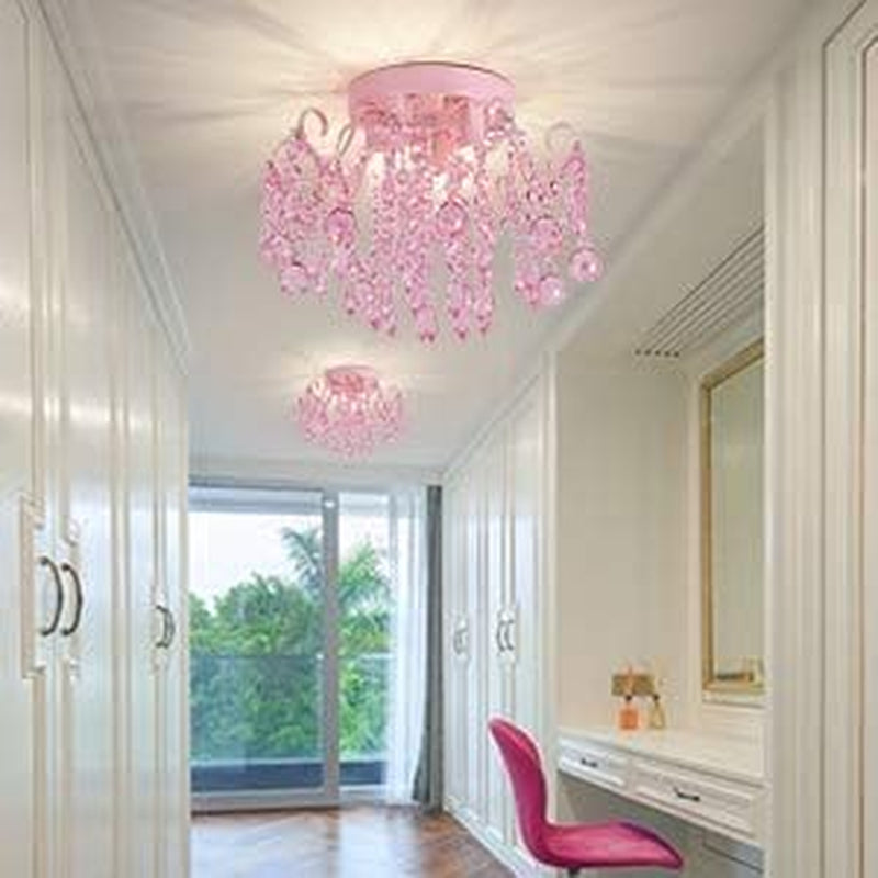 Small Pink Crystal Chandelier Semi Flush 3-Light