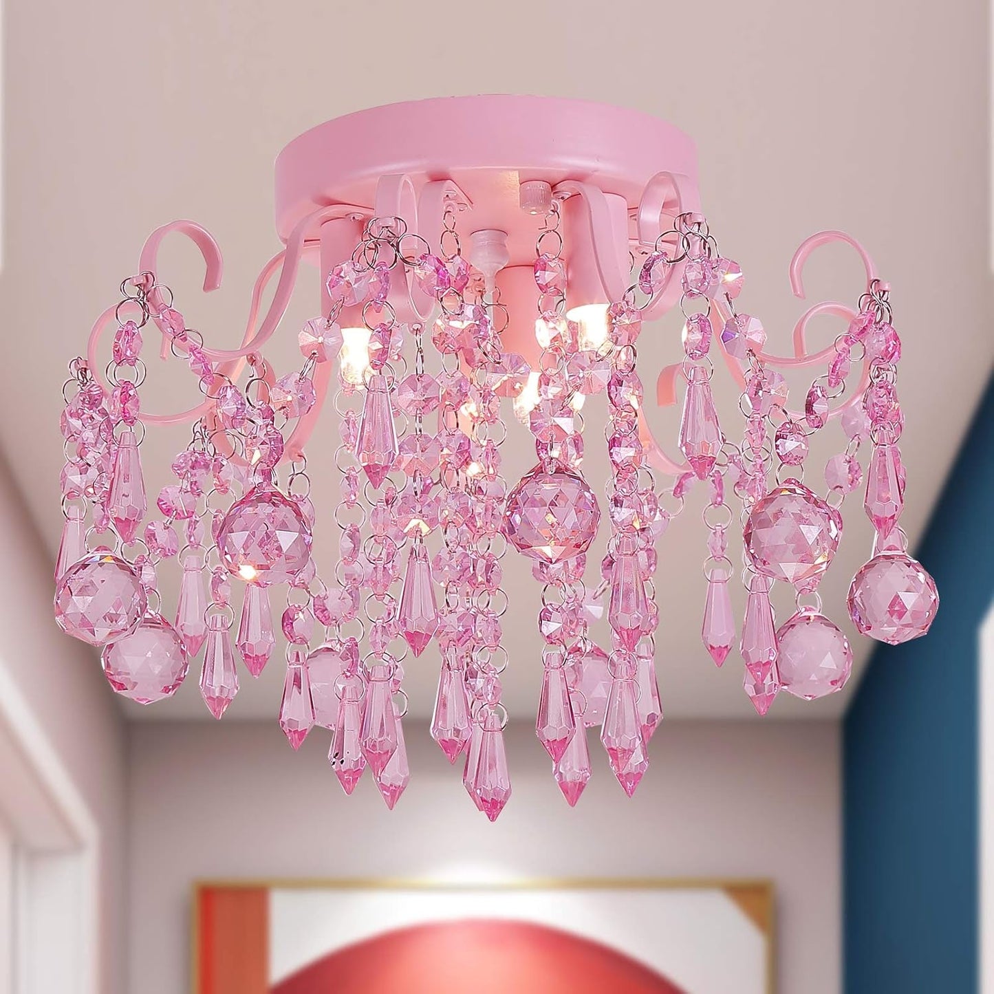 Small Pink Crystal Chandelier Semi Flush 3-Light
