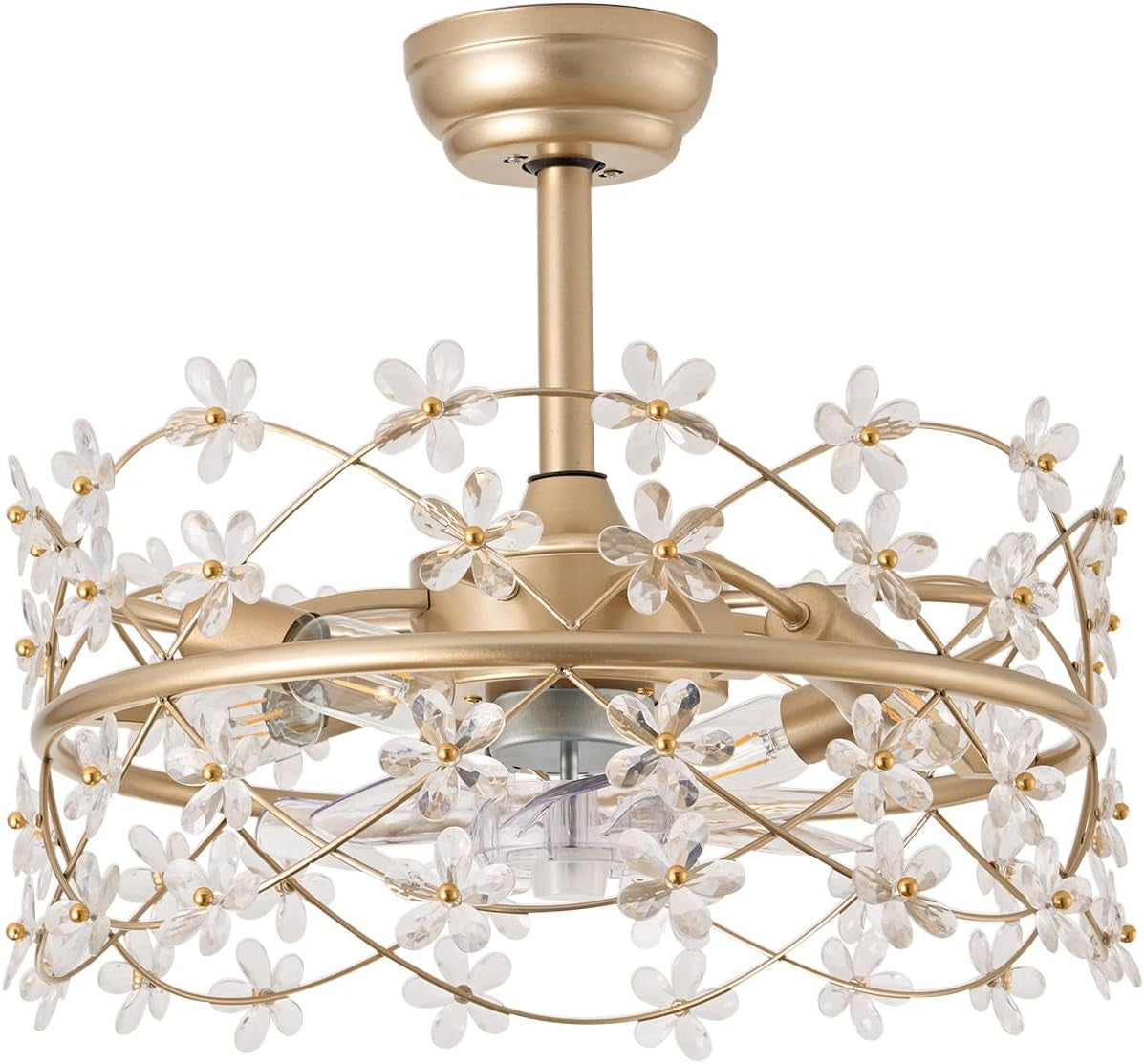 20 Inch Gold Caged Ceiling Fan with Light, Flower Chandelier Ceiling