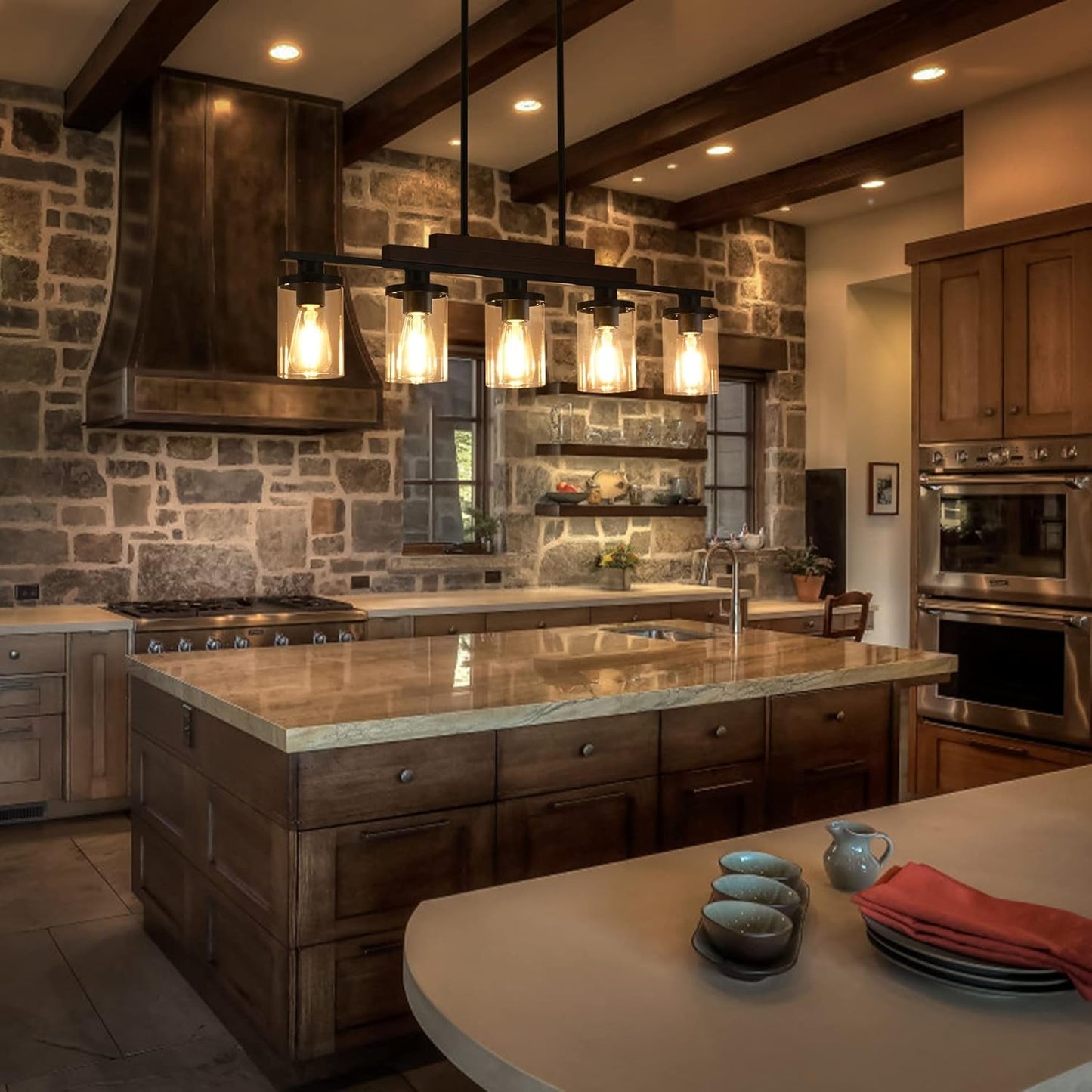 5-Light Farmhouse Linear Chandelier, Rustic Wood