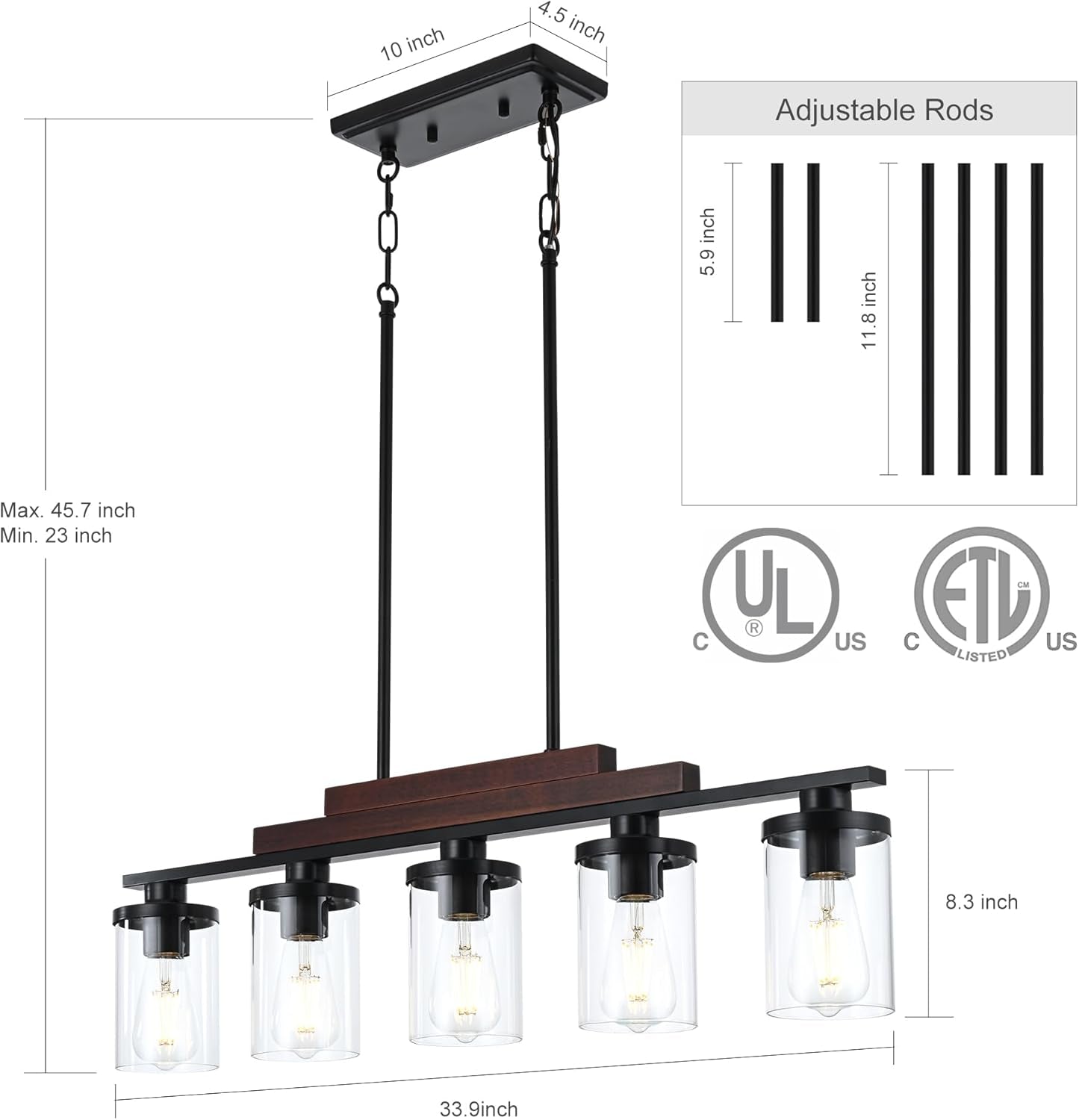 5-Light Farmhouse Linear Chandelier, Rustic Wood