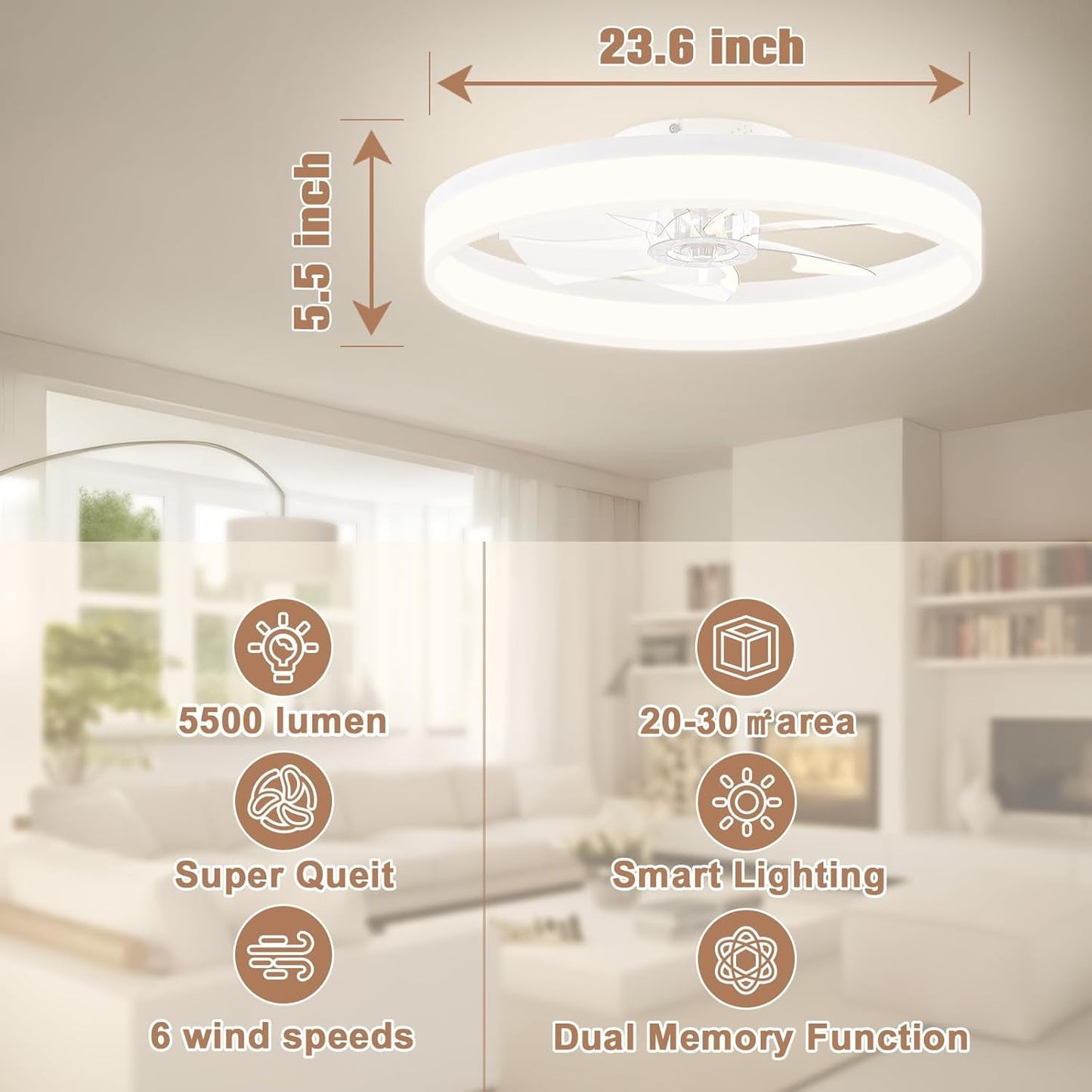 23.6" White Low Profile LED Fan Light