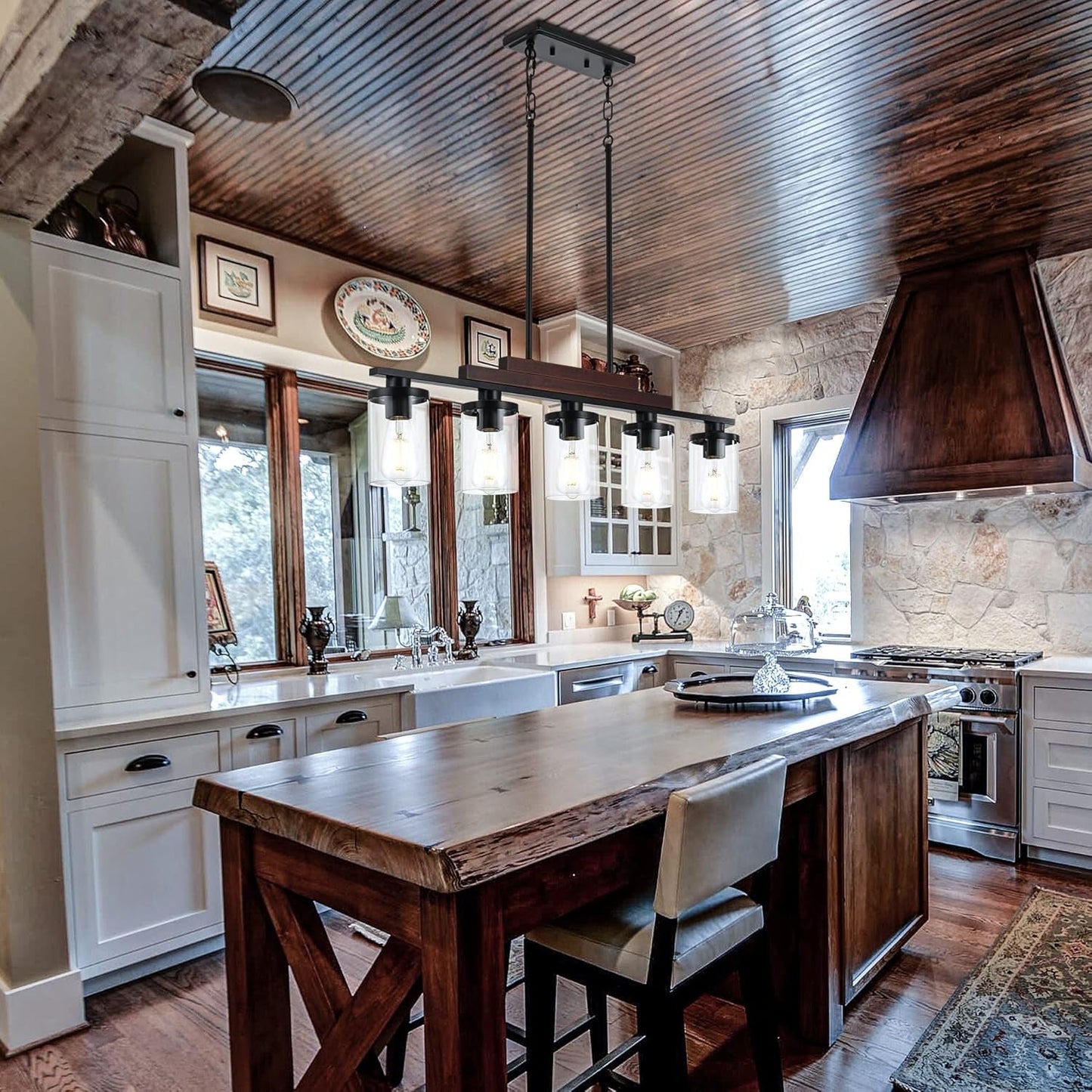 5-Light Farmhouse Linear Chandelier, Rustic Wood