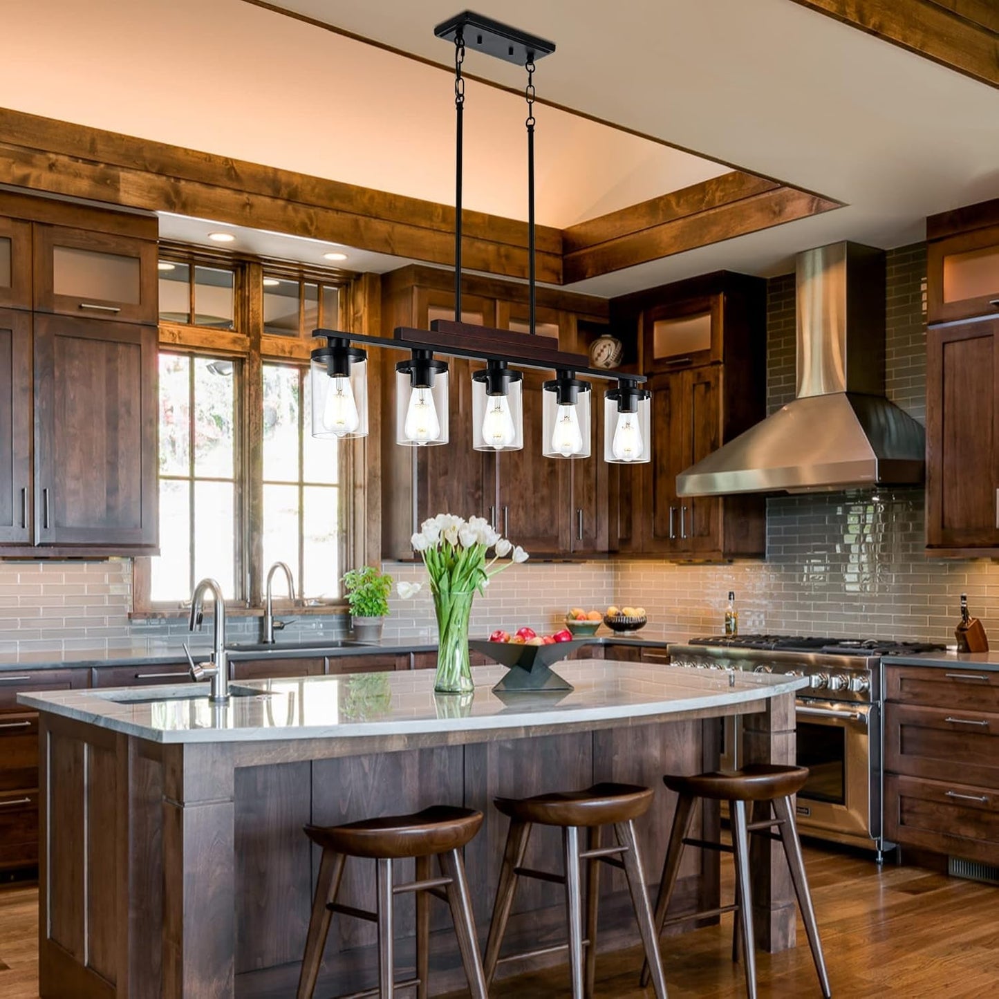 5-Light Farmhouse Linear Chandelier, Rustic Wood